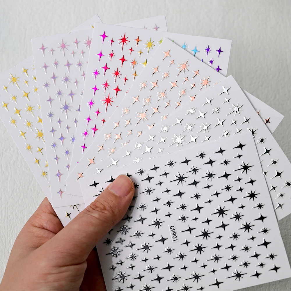 6Sheets Gold Silver Star Laser Nail Art Stickers Set 3D Bronzing Laser White Cross Starlight Y2K Nail Decals  Manicure Decor *&#