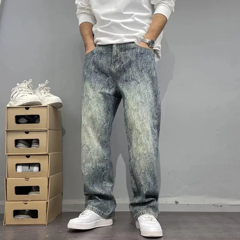 Korean Popular Clothes Pants 2026 Summer Washed Jeans Men's Loose Straight Trousers American Street Baggy Pants Baggy Jeans Man