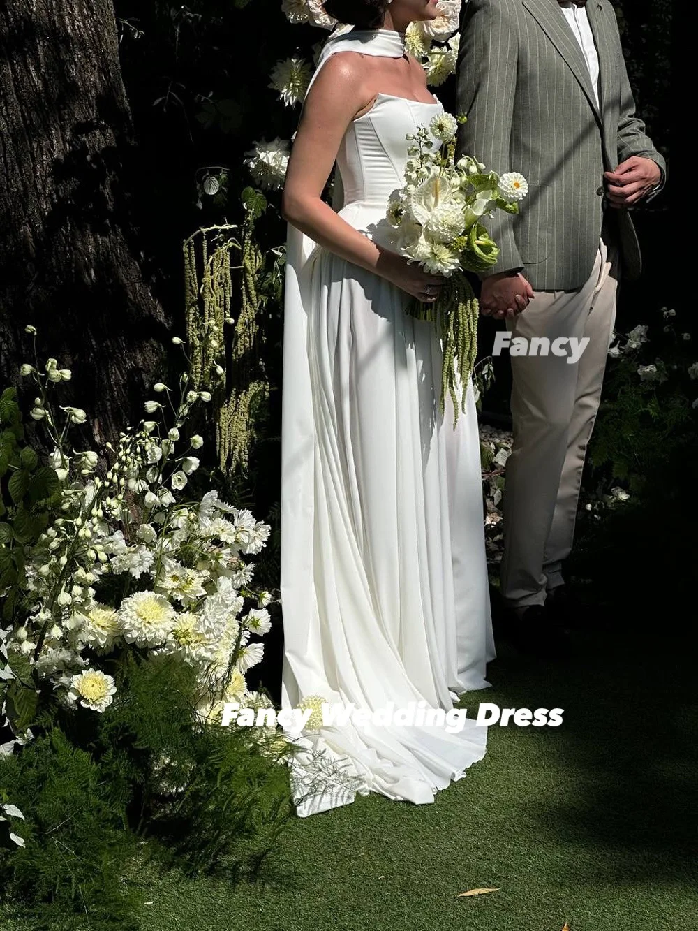 Fancy Graceful Strapless A Line Wedding Dress Korea Photo Shoot A Line Soft Satin Bridal Gown Floor Length Corset Customized