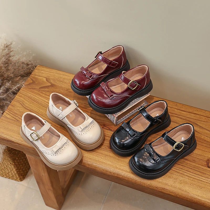 Autumn Girl's Mary Janes Bowknot British Style Trendy Kid's Flat Shoe Solid Color Anti-slip Daily All-match School Children Shoe