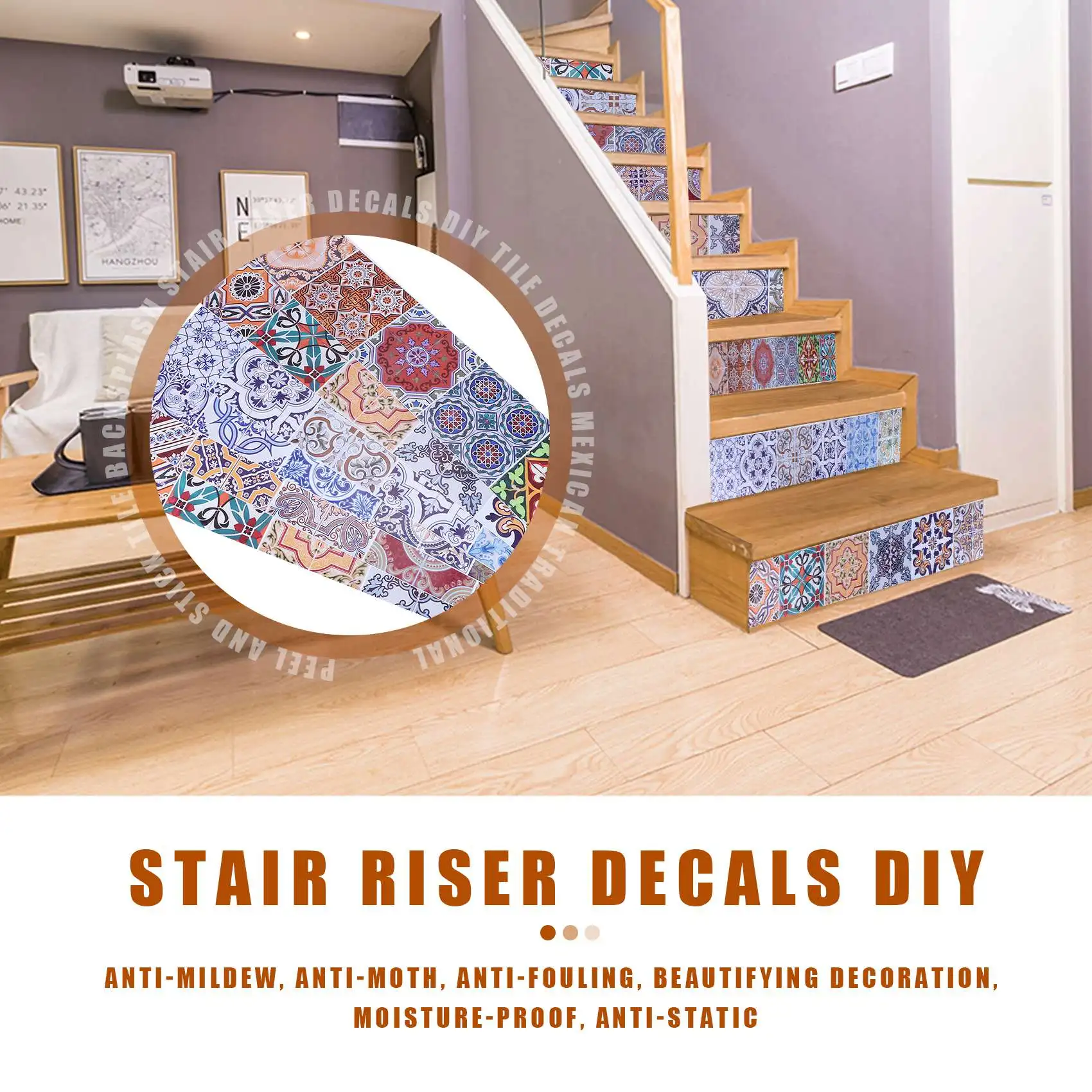 ABJI-Peel And Stick Tile Backsplash Stair Riser Decals DIY Tile Decals Mexican Traditional Talavera Waterproof Home Decor Stairc