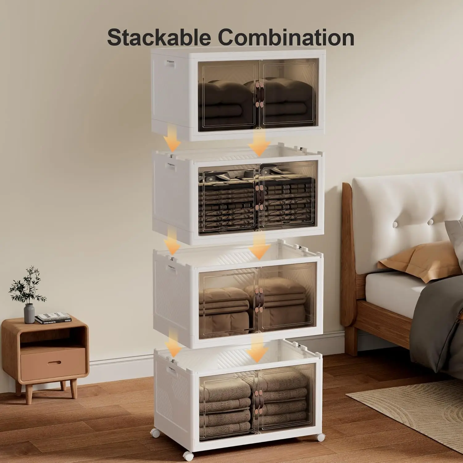 Folding Storage Bins Organizer, Collapsible Storage Boxes with Wheels and Door, Stackble Plastic Storage Container for Clothing