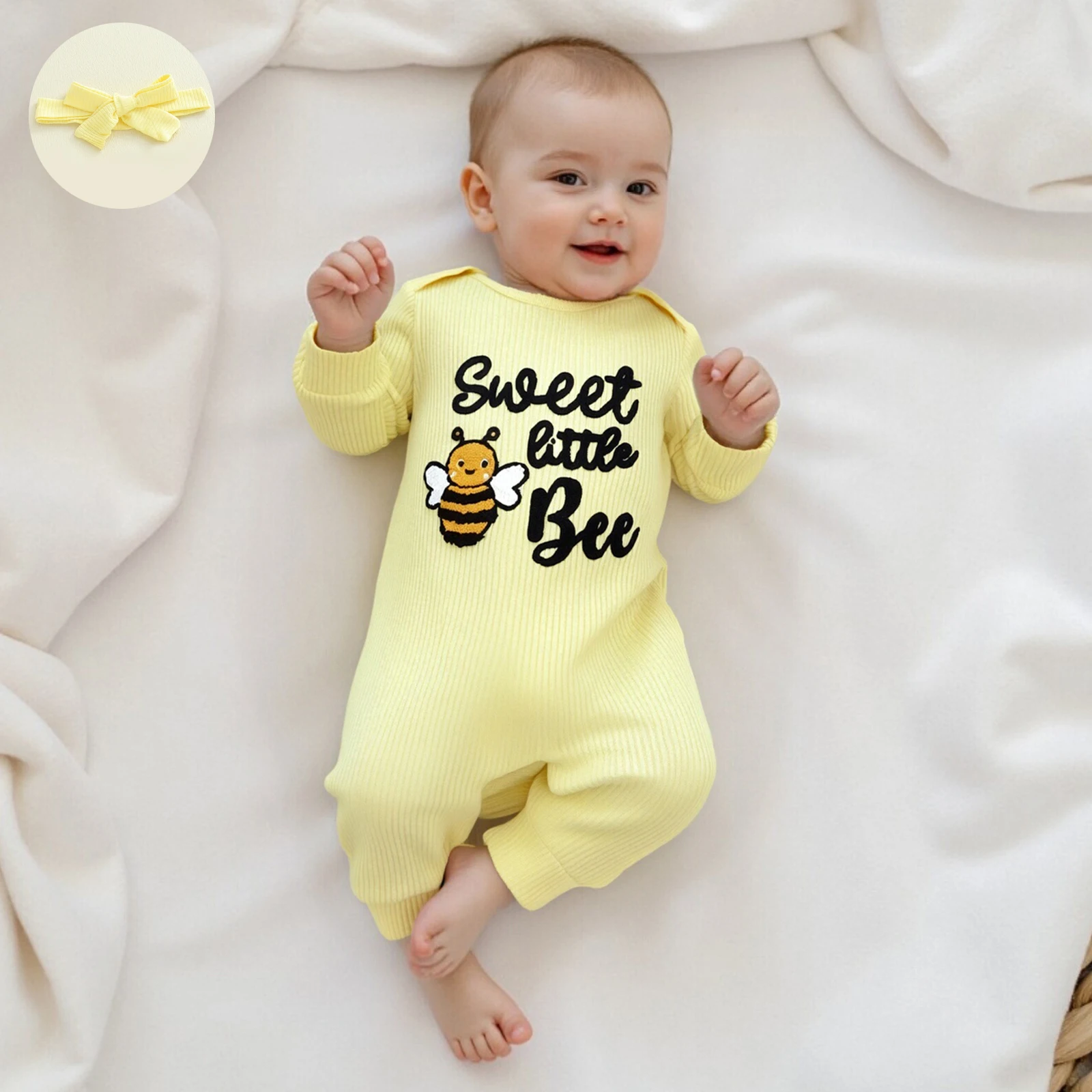 2026 جديد طفل رضيع الفتيات الخريف رومبير النحل إلكتروني التطريز طويلة الأكمام جولة الرقبة بذلة مع مجموعة عصابات رأس