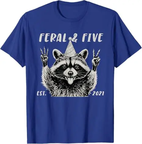 Funny Feral and Five Raccoon 5th Birthday Girls Boys T-Shirt Y2k 5 Years Old Cute Raccoon Graphic Saying Tee Sons Novelty Gift