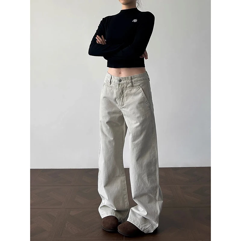 

ZHIZOU Women Baggy Gray Jeans Y2k Japanese American Rretro Elastic Waist Denim Pants Harajuku Cowboy Wide Fit High Street Punk