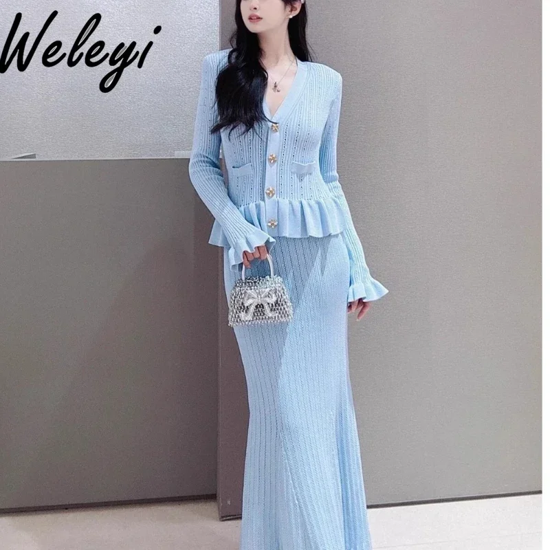 

Gentle Women's Blue Long Knitted Dress Autumn Winter French V-neck Ruffle Edge Solid Color Fake Two-piece Set Fishtail Dresses