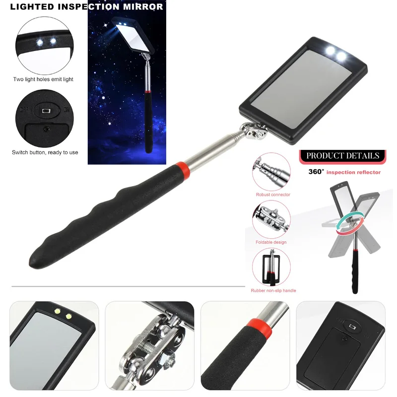سيارة 360 ° مرآة فحص، مرايا تصغير بإضاءة LED، أدوات ميكانيكية ممتدة مع أداة التقاط مغناطيسية، أداة إصلاح السيارات #2