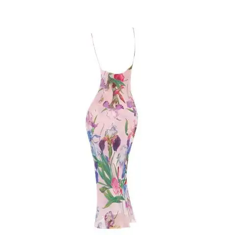 

Women Midi Dress French Tropical Floral Cami Pink Waist Slim Bodycon Elegant Holiday Party Long Dress for Plus Size