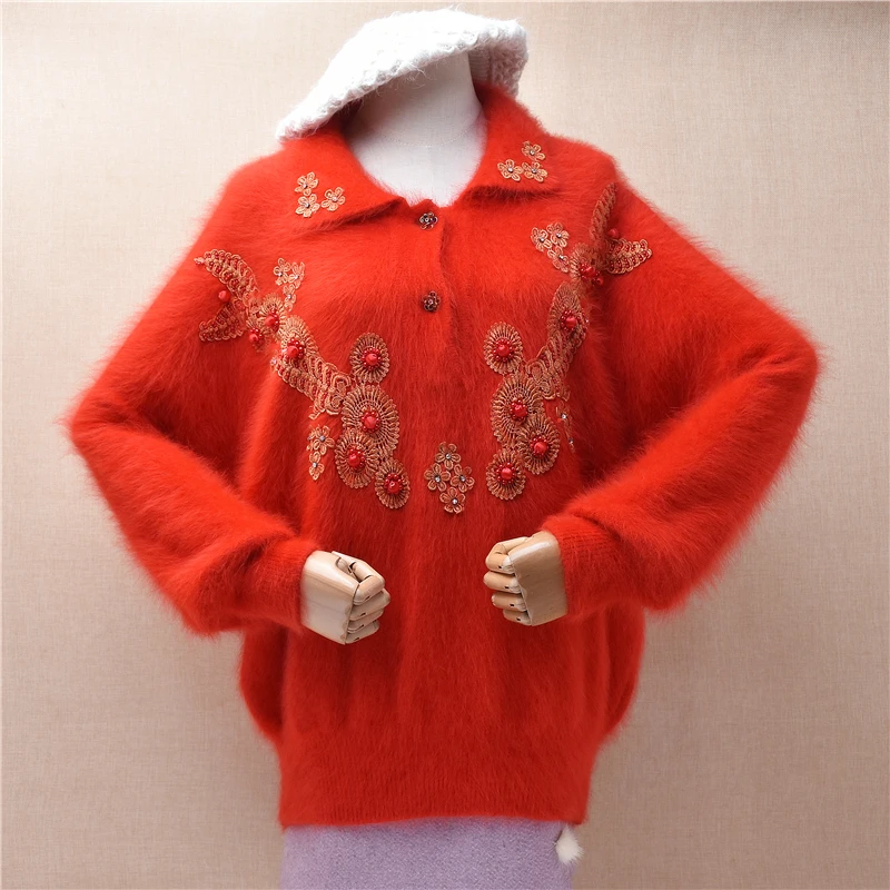 

women Mujer Autumn Winter Red Vintgae Beading Hairy Angora Rabbit Hair Knitted Turn-Down Neck Long Batwing sleeve Sweater Jumper