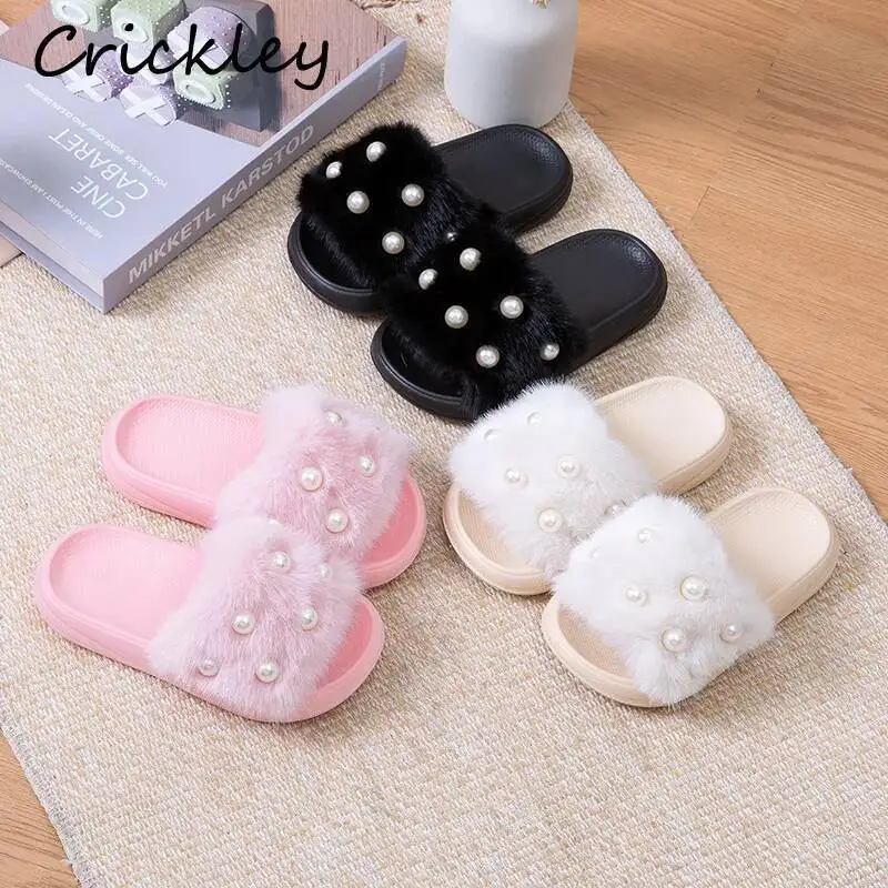 

Faux Fur Pearl Girls Slippers Spring Autumn Fashion Soft Sole Kids Princess Shoes Solid EVA Children Outdoor Slippers