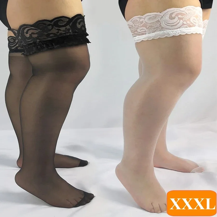 Elastic Plus Size Woman Thigh High Long Socks Black White Lace Top Over The Knee Sexy Stockings with Silicone Anti-slip 100kg XL