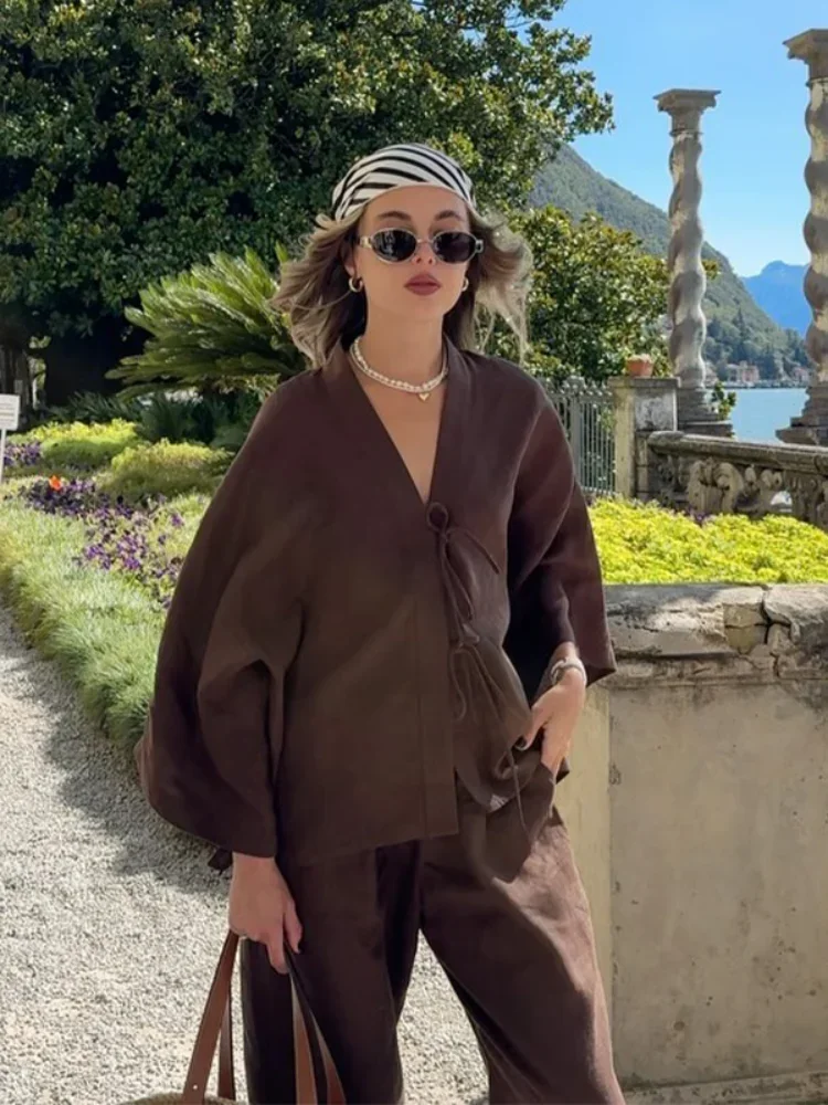 Conjunto de traje de pantalones informales para mujer, Top liso de algodón de manga larga con cordones, pantalones de cintura alta con cuello en V, ropa de calle de verano para mujer 2025