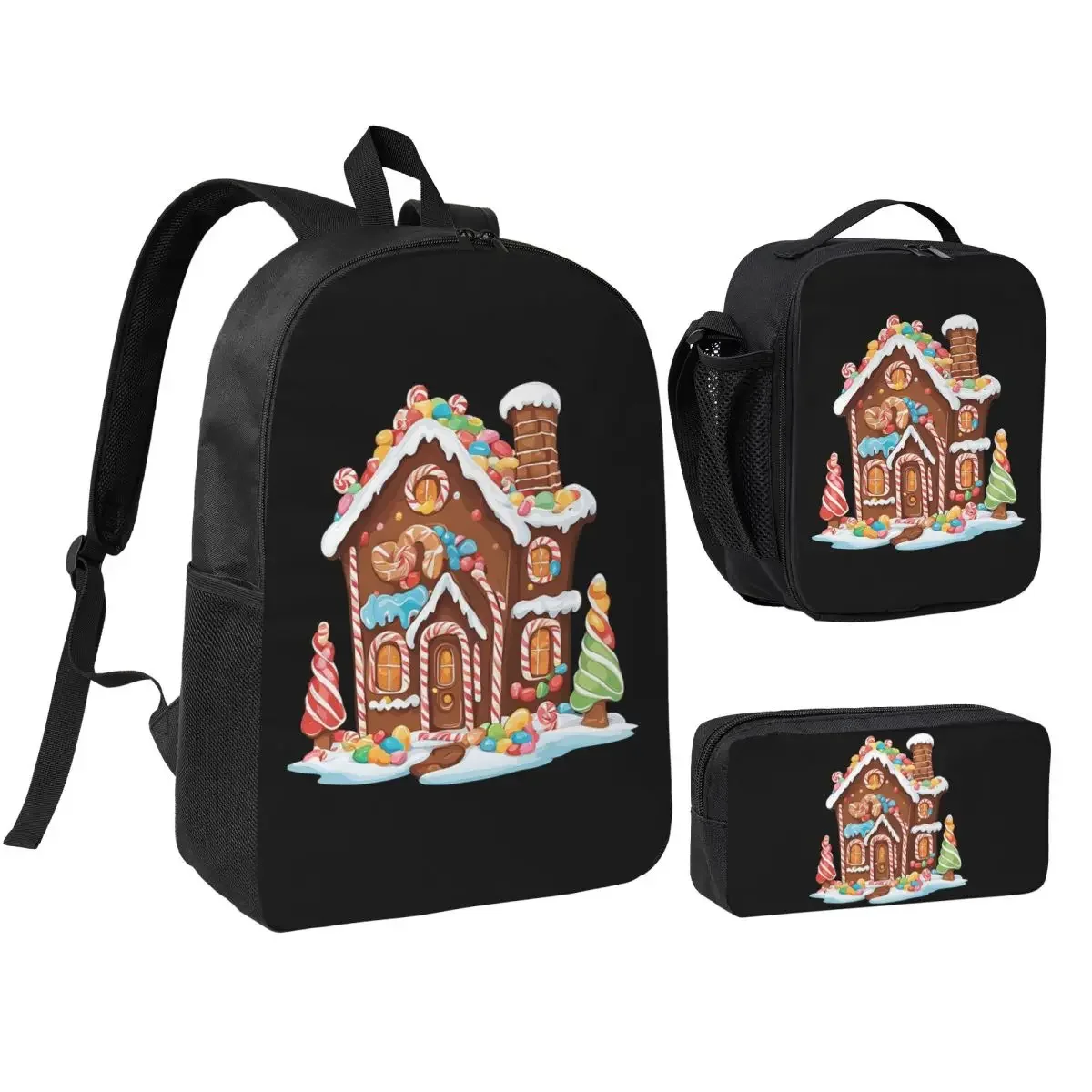 Whimsical Gingerbread House Full Of Joy Backpack Boys Girls BookBag School Bag Shoulder Bags 3ps Insulated Lunch Bag Pencil Case