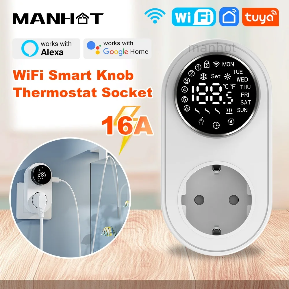 

Tuya WIFI Smart Knob Plug-in Thermostat Socket 16A Outlet Plug Cooling Heating Temperature Controller Work Alexa Google Home