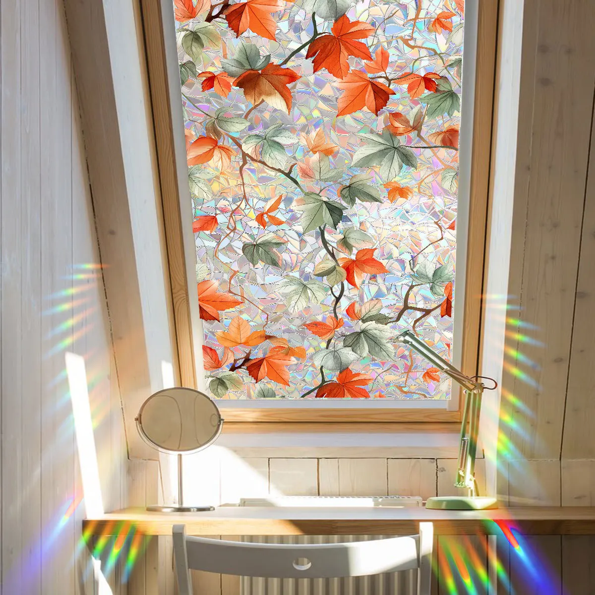 Fresh and Retro Maple Leaf Sunlight Colorful Static Glass Sticker Double-sided Visual