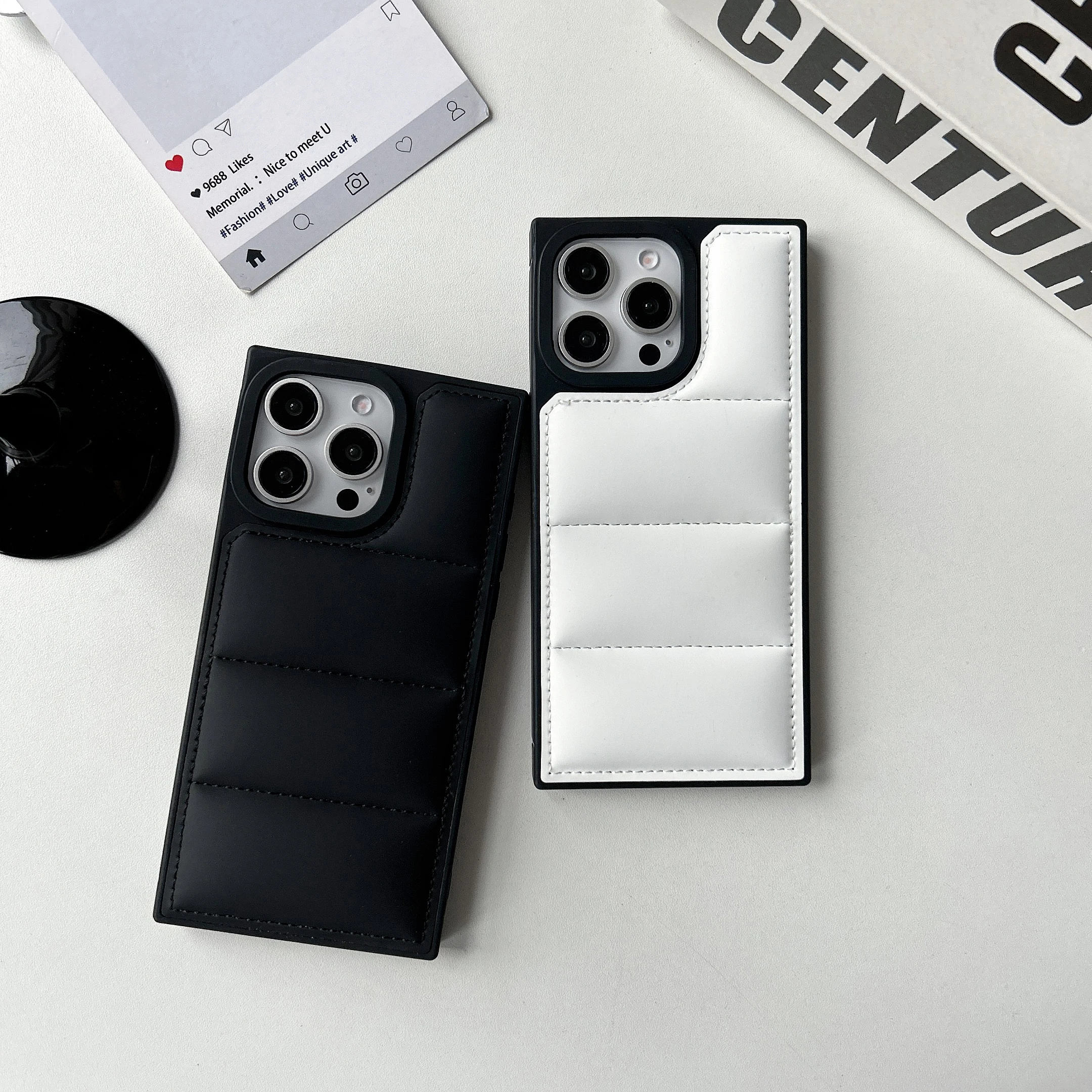 Square Down Jacket Black White Mobile Phone Cases For iPhone 17 Air 16 15 14 13 Pro Max Protective Shockproof Cover Shell Shield - náhled 2