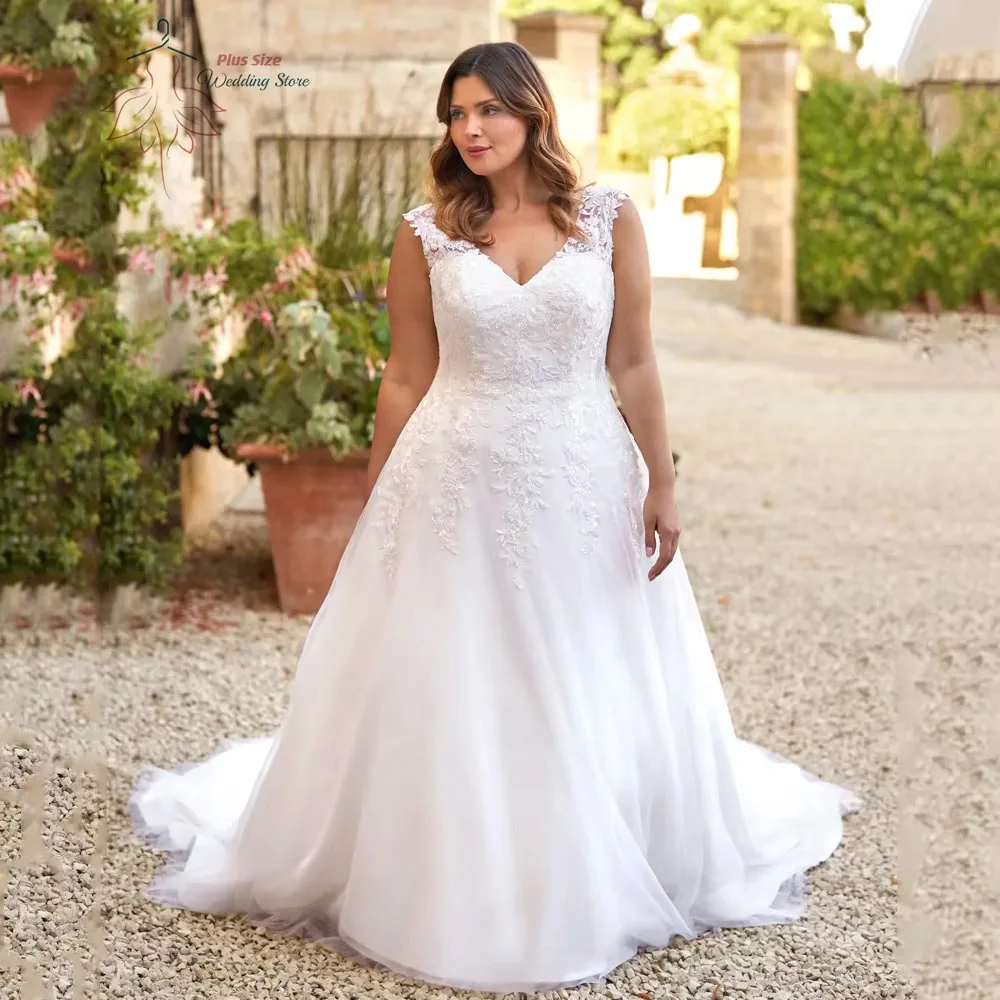 Aangepaste ivoor trouwjurken plus size v-hals mouwloze bruidsjurken vrouw applicaties sweep trein a-lijn vestidos de novia