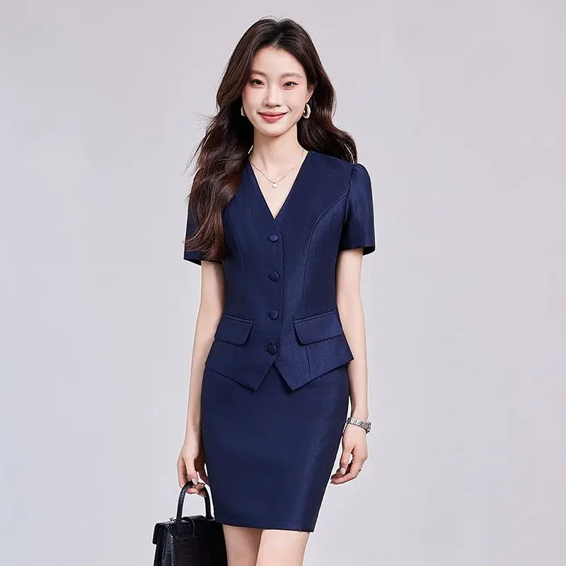 

Spring Summer 2 Piece Skirt Suits Women Elegant Outfits Shoulder Pads V Neck Short Sleeve Blazer + Slim Fit Skirt Two Piece Set