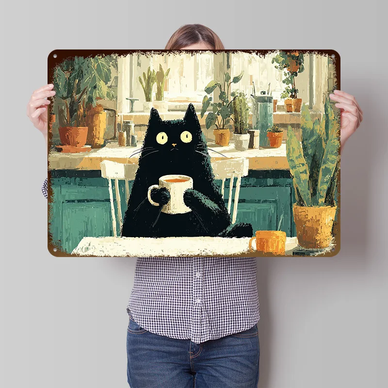 Black Cat Morning Ritual in a Plant Filled Tin Poster Customized Wall Art Retro Vintage Metal Signs for Fans Room Bathroom Decor