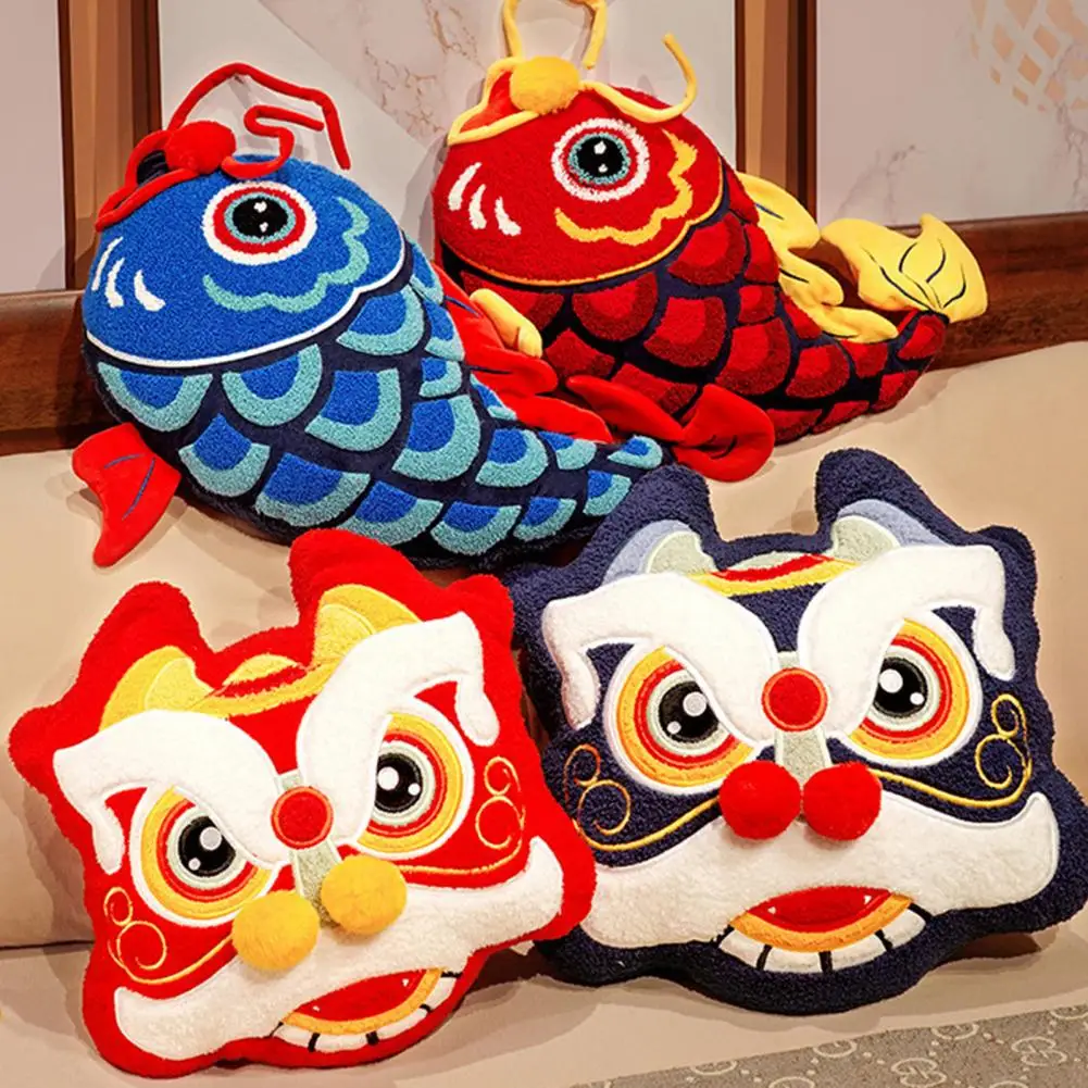 Chinese Dancing Lion Pillow Thick Soft Hand Cushion Warmer Chinese New Year National Style Auspicious Sofa Decoration Chair Pad