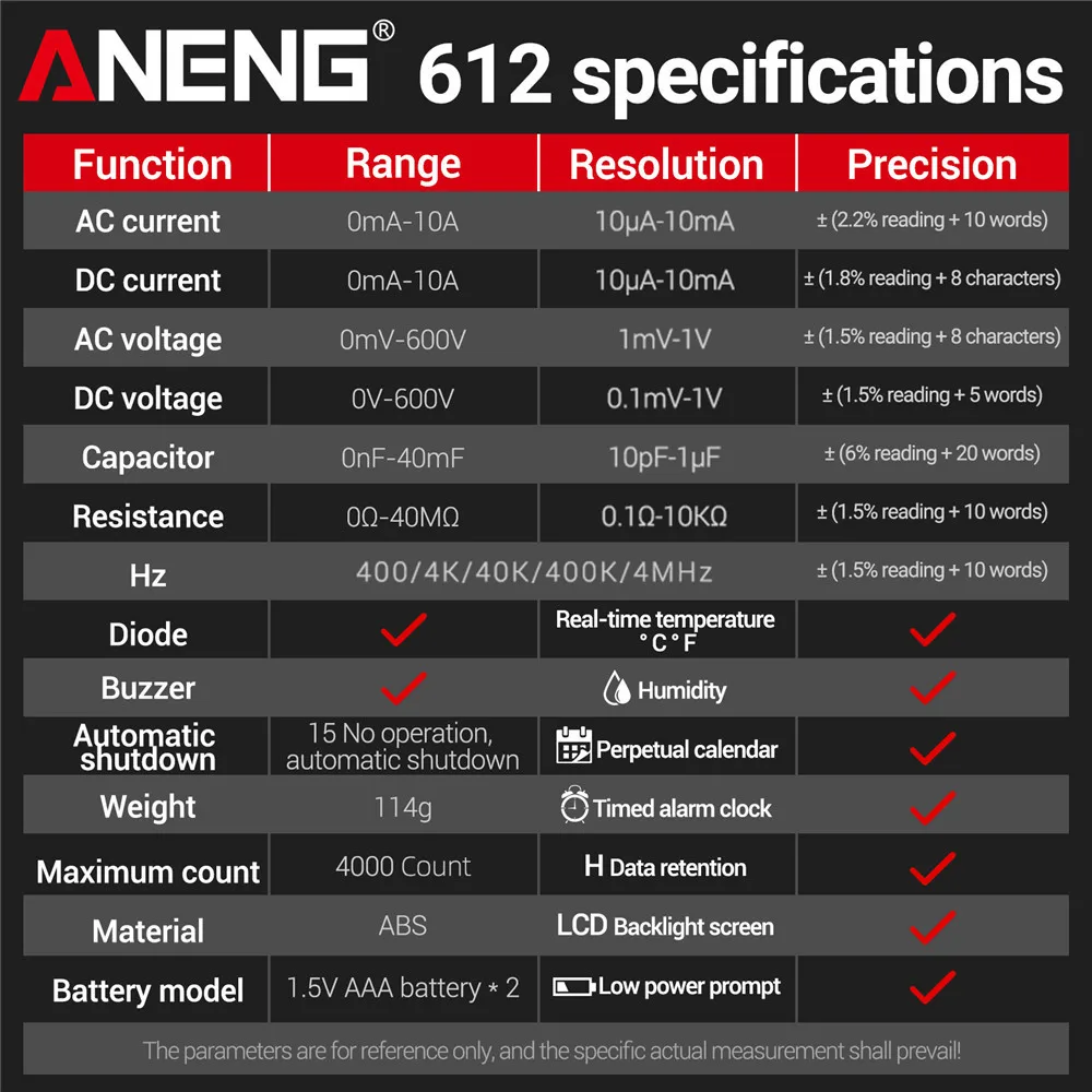 ANENG 612 스마트 디지털 멀티미터, AC DC 전류 전압 커패시턴스, 전문 측정 멀티메트로 테스트 도구