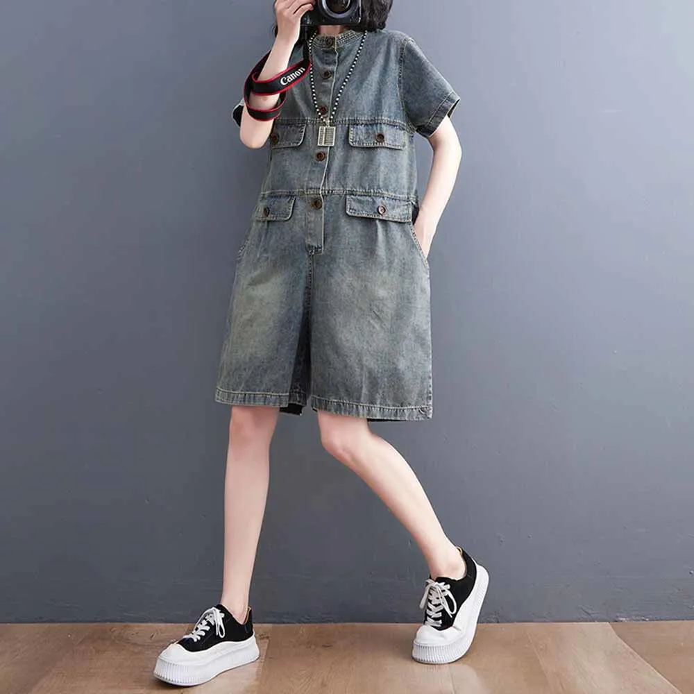Summer Denim Overalls Short Sleeve Jumpsuit Women Vintage Streetwear Hip Hop Loose Wide Leg One Piece Shorts Sets Jeans Romper