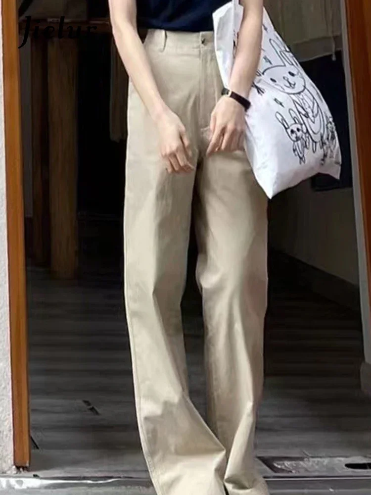 Jielur Summer Khaki High Waist Slim Casual Women's Wide Leg Pants Full Length Straight Solid Color Loose Simple Office Ladies