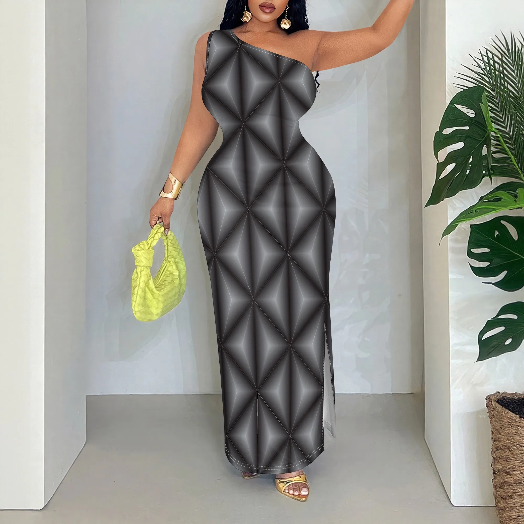 

3D Print, One Shoulder Maxi Dress, Sleeveless Bodycon, Geometric Pattern Party Wear, S-2XL