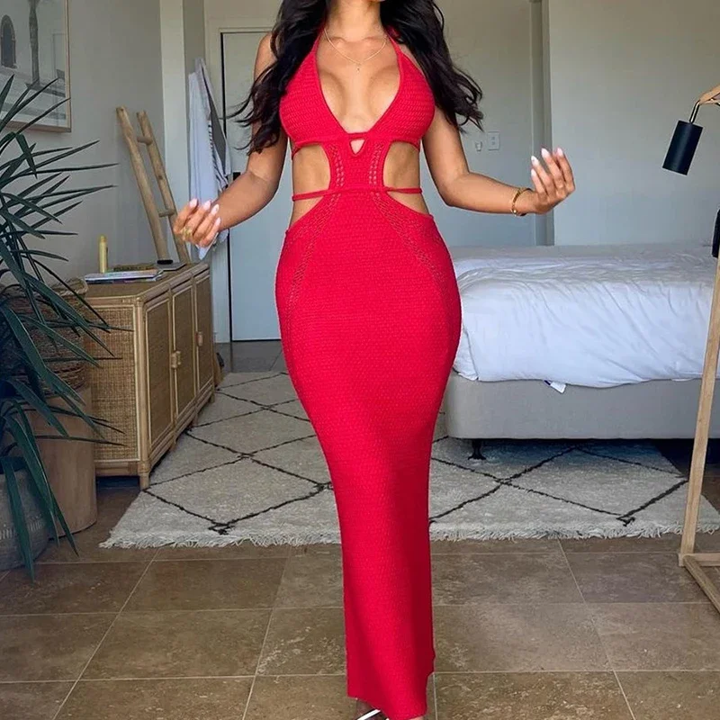 Sexy Stil Aushöhlen Backless Tie Up Kleid Frauen Strand Urlaub Beachwear Cover Up Stricken Sonnenbaden Sonnencreme Langes Kleid