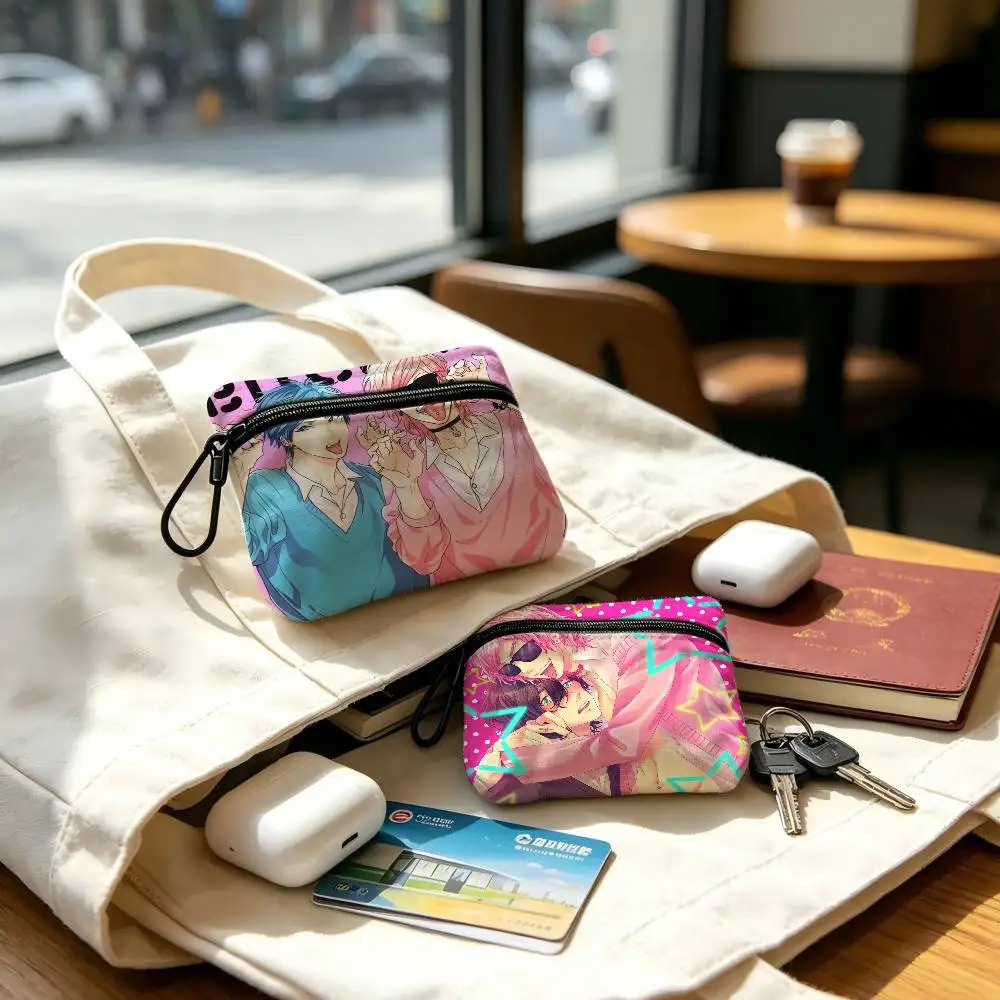 BLAnime y-Yarichin-Bit-ch Club Cloth Coin Purse With Carabiner Hook Portable Key Card Wallet Small Zipper Storage Pouch