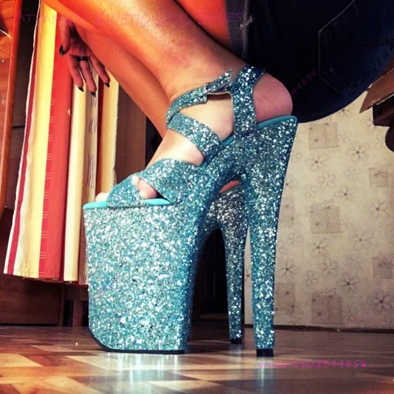 Blue Glitter 23cm Glitter Sandals Stiletto Open Heel 9 Inch Pole Dancing Crystal Sparkling Pump Platform Woman Stage Summer Shoe
