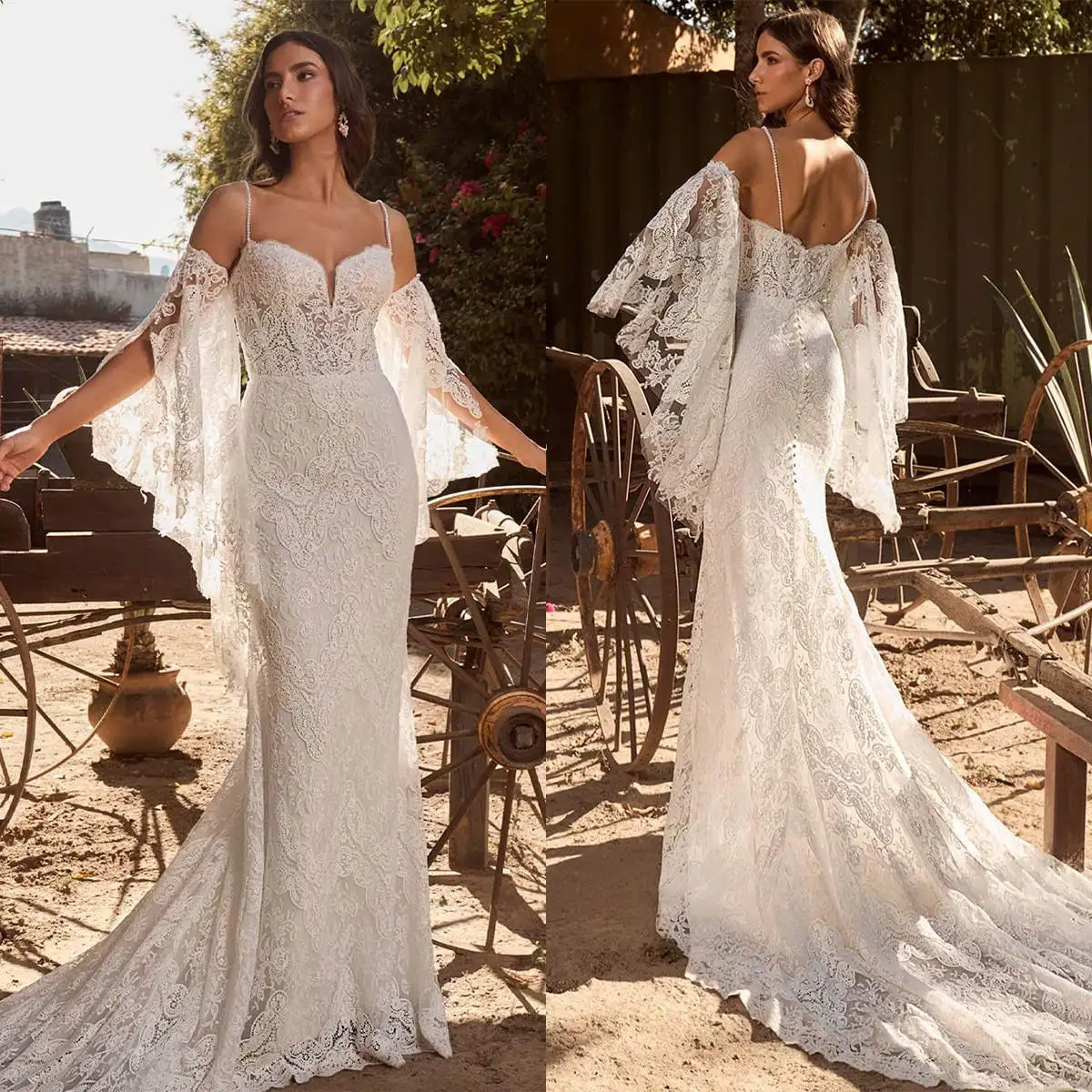 

Pretty Wedding Dresses Mermaid Spaghetti Strap Appliques Lace Backless Floor-Length Princess Bride Wedding Dress Custom Made