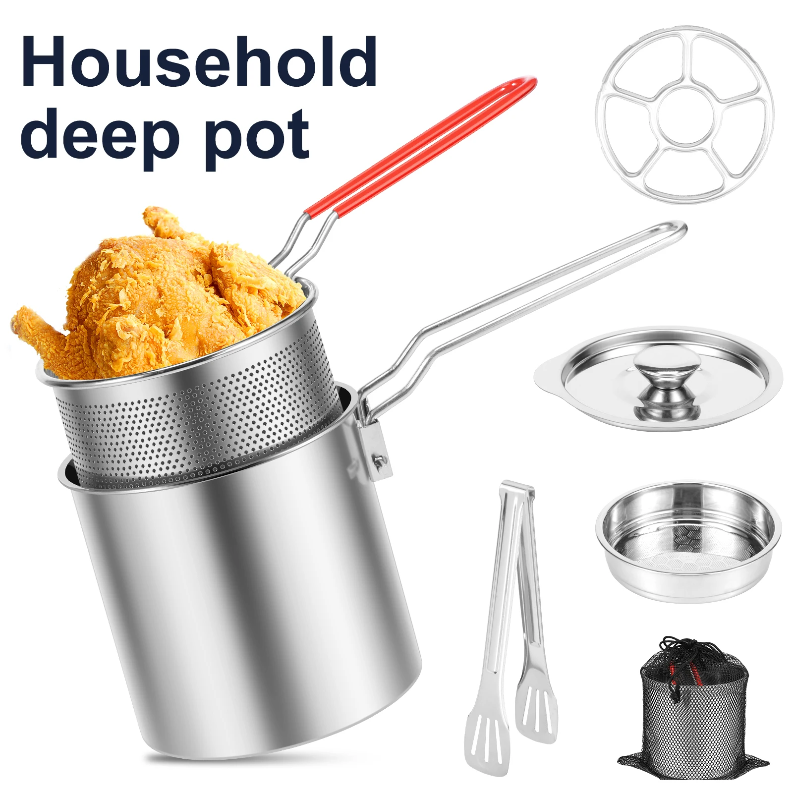 Stainless Steel Deep Fryer Pot w Strainer Basket Multifunctional Deep Frying Pot w Handle Good Heat Conductivity Oil Fryer Pot