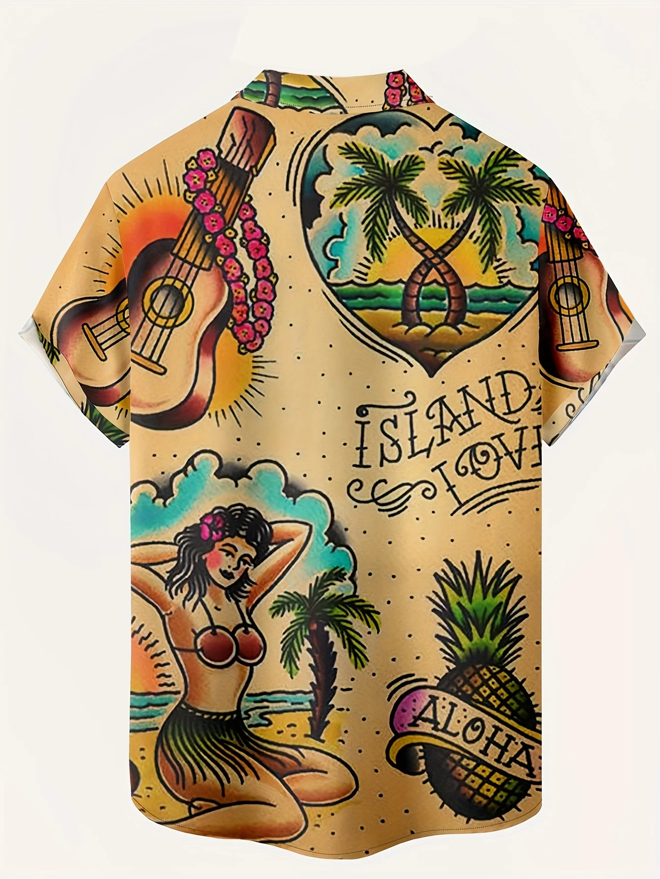 Men Short Sleeve Shirt Retro Tattoo Hula Girl Ukulele Pineapple Palm Print Turn‑Down Collar Hawaiian Casual Tops