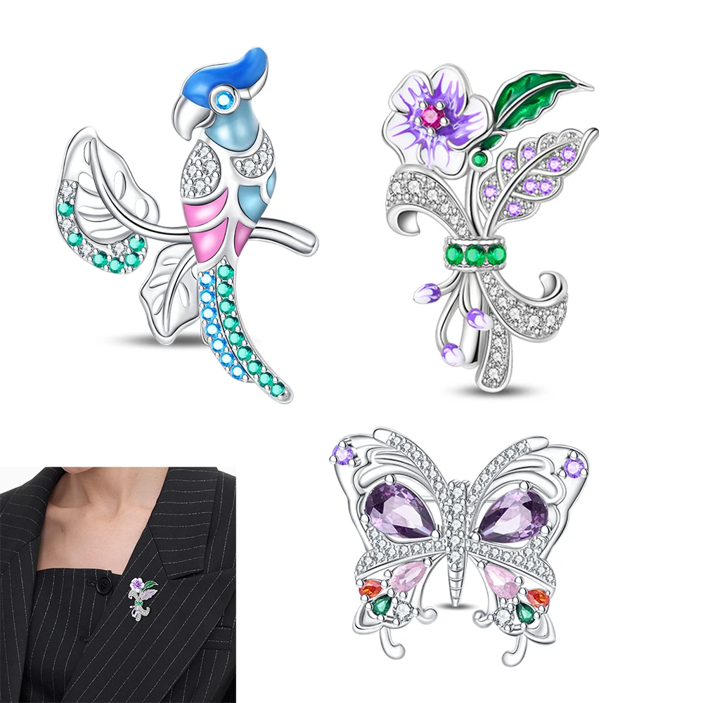 

Beautiful 925 Sterling Silver Zirconium Butterfly Bouquet Parrot Brooch Elegant and Unique Decorative Gifts