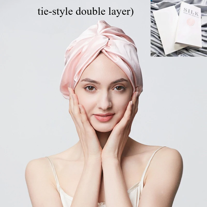 

Двухслойный шелковый чепчик для сна для женщин, 100% натуральный шелк тутового шелкопряда 19 момме, шапочка для сна и душа с регулируемой резинкой