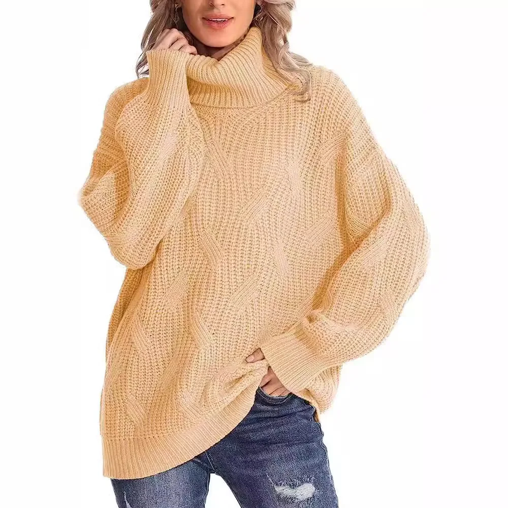 Europe America 2024 Autumn and Winter Clothes Women New Loose Turtleneck Twisted Knitted Sweater Women Pullover Long Sleeves Top