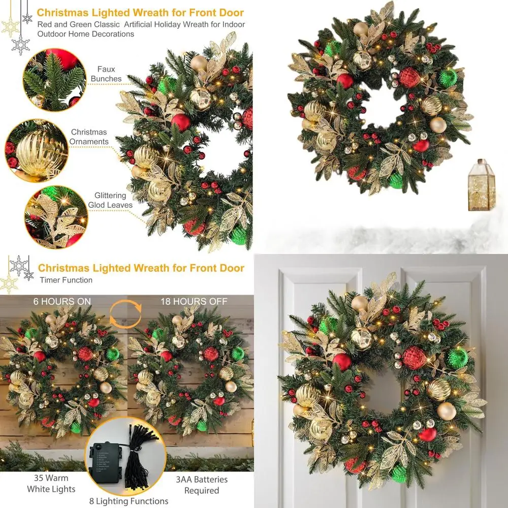 

35-светодиодный рождественский венок на батарейках с золотыми, зелеными и красными украшениями, блестящими стебли из сусального золота для праздничных входной двери D