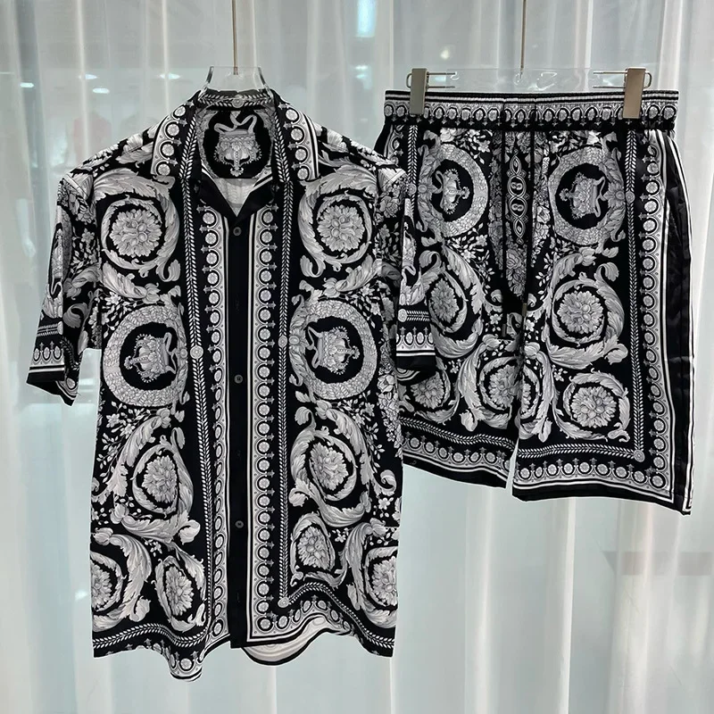 Top Quality Black Gold Baroque Print Shirt Hip Hop Print Beach Shirt+Shorts Men Summer Casual Short Sleeve Set Button Down Shirt