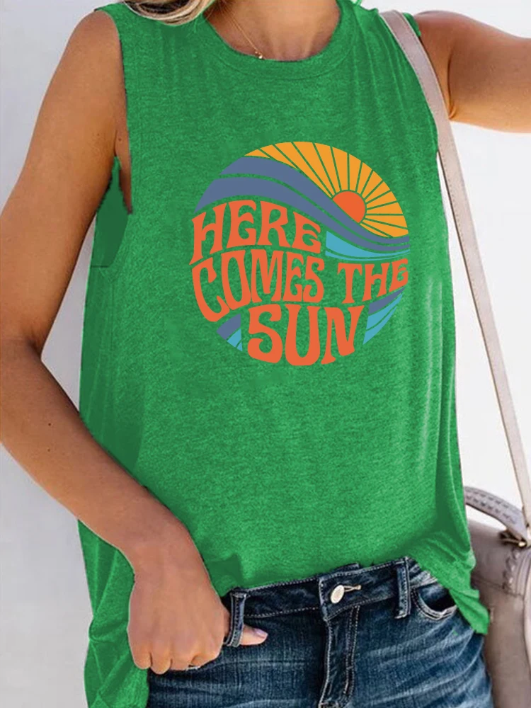 Seeyoushy Here Comes The Sun Printed Funny Women T Shirt Sleeveless ONeck Summer T Shirt Femme Clothes Vintage Graphic Tees Tops