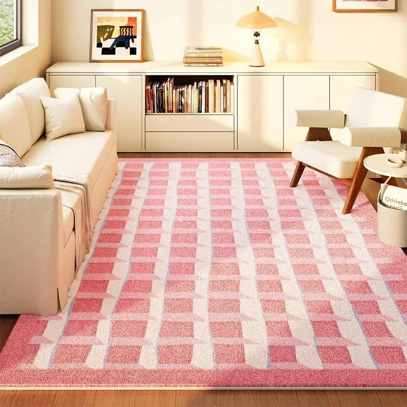 Living Room Carpet Stain-resistant Wear-resistant Floor Mat Soft Comfortable Loop Fleece Pink Checkerboard Rug Home Decor Rugs