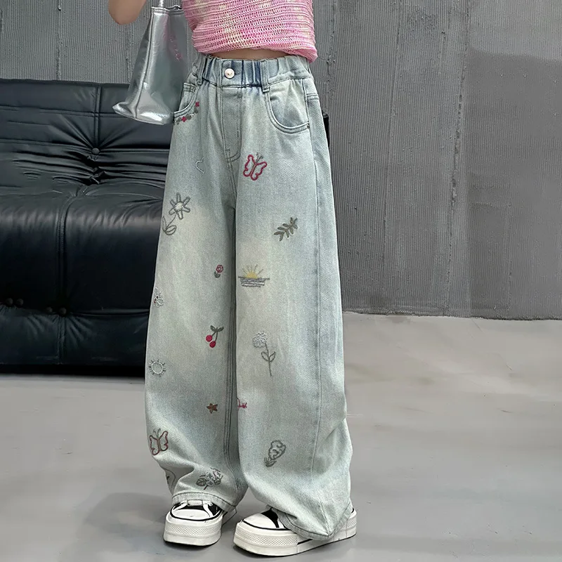 New Spring Girls Jeans Kids Denim Pants Loose Jeans for Teen Girls Wide Leg Pants 6 - 14 Years Elastic Waist Children Trousers