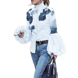 Gymystars Stylish Puff Sleeve Leaves Print High-Neck Blouses Vintage Spring Autumn Loose Buttoned Casual Shirts Tops For Women