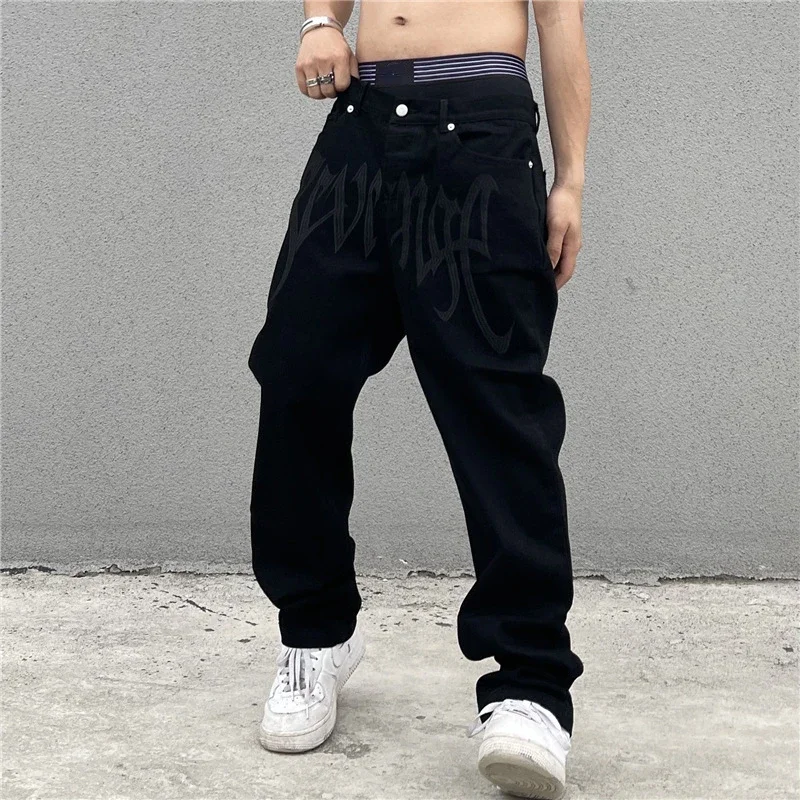 

New 2024 Black Baggy Jeans Men's Streetwear American Retro Embroidery Letter Pants Straight Hip-hop Y2K Loose Denim Trousers