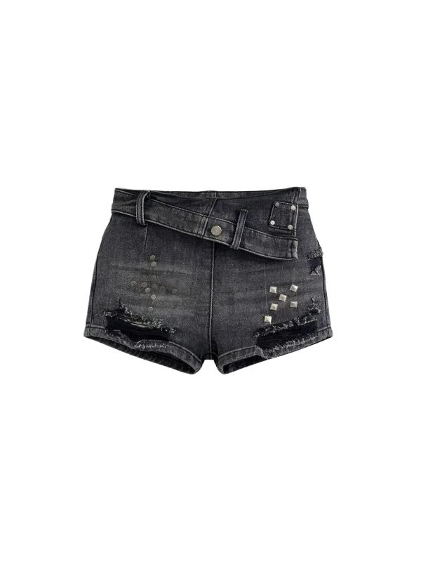 

American Retro Washed Ripped Beaded Rivet Denim Shorts Women's Summer High Street Slim Super Short Hot Pants