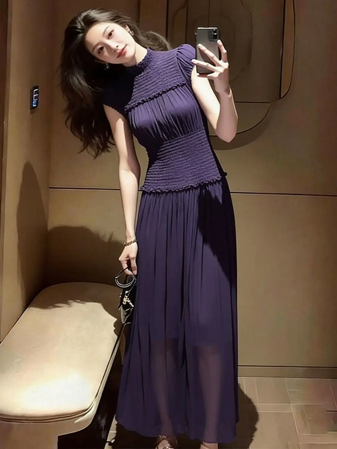 New Summer High End Women's Matching Sets Stand Collar Short Sleeve Blouse Top + A-line Pleated Skirt Solid Color Elegant Suit