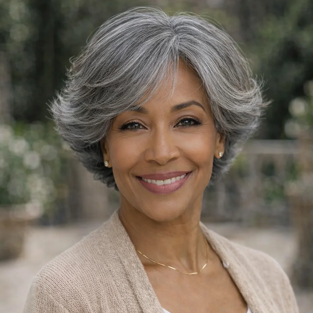 

Salt & Pepper Short Straight Pixie Cut Bob Wigs Glueless Silver Gray Wig With Retro Flip Ends 100% Brazilian Real Human Hair