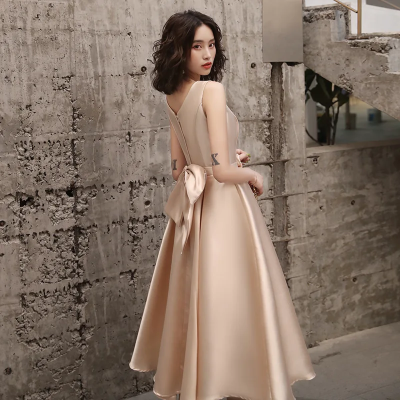 Elegant Champagne Satin Formal Evening Long Dresses for Women Summer 2023 Sexy V Neck Graduation Birthday Party Midi vestidos