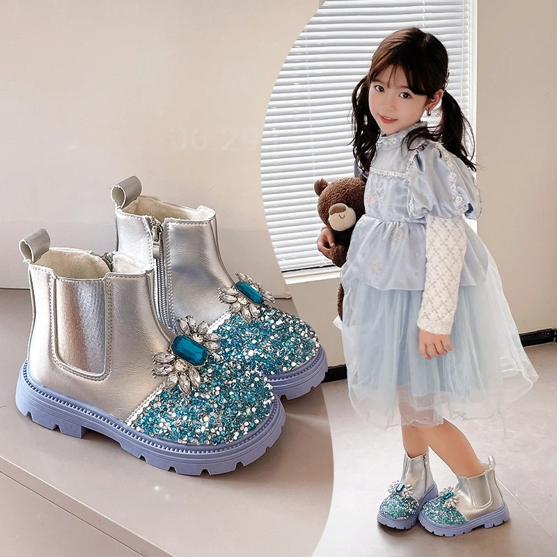 

Модная обувь для девочек, новинка 2025 года, зимние детские ботинки с бриллиантами, удобные нескользящие зимние ботинки для девочек, простые универсальные детские ботильоны