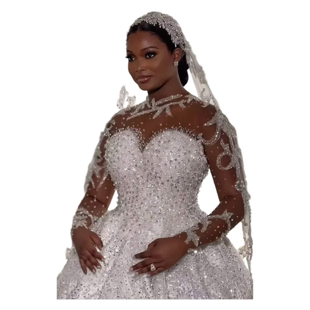 Op maat gemaakte Afrikaanse baljurk luxe hoogwaardige bruidsjurken lange mouwen bruidsjurken bruidsjurk vestidos de novia - afbeelding 2